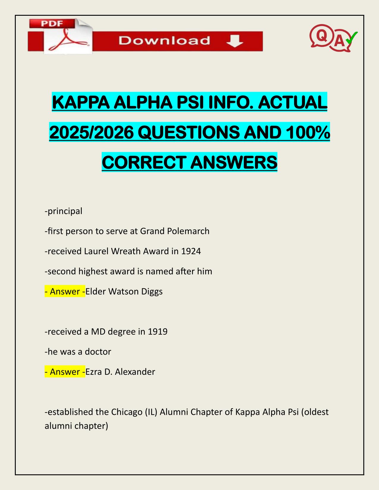 KAPPA ALPHA PSI INFO. ACTUAL 2025/2026 QUESTIONS AND 100% CORRECT ANSWERS