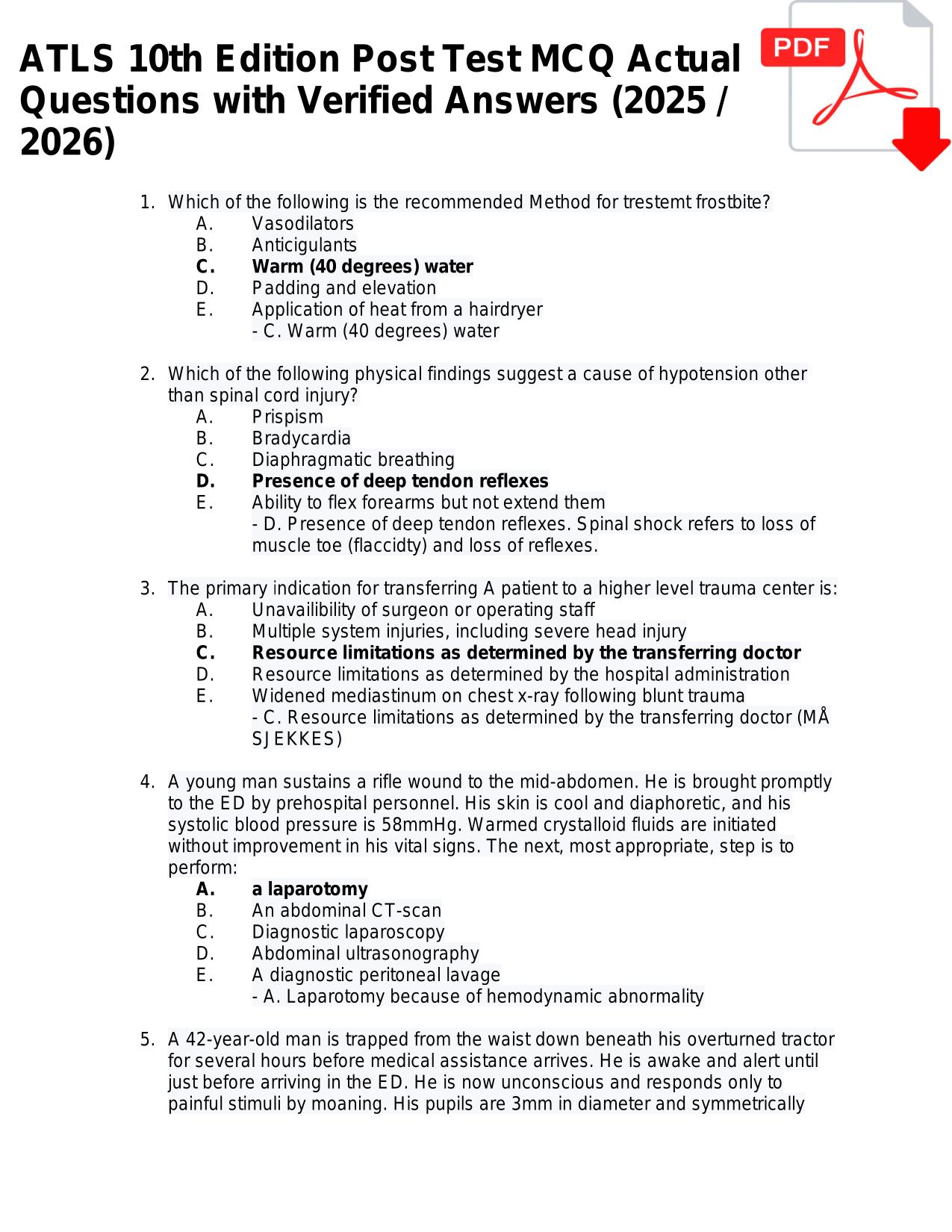 ATLS 10th Edition Post Test MCQ Actual 2025/2026 Questions with Verified Answers