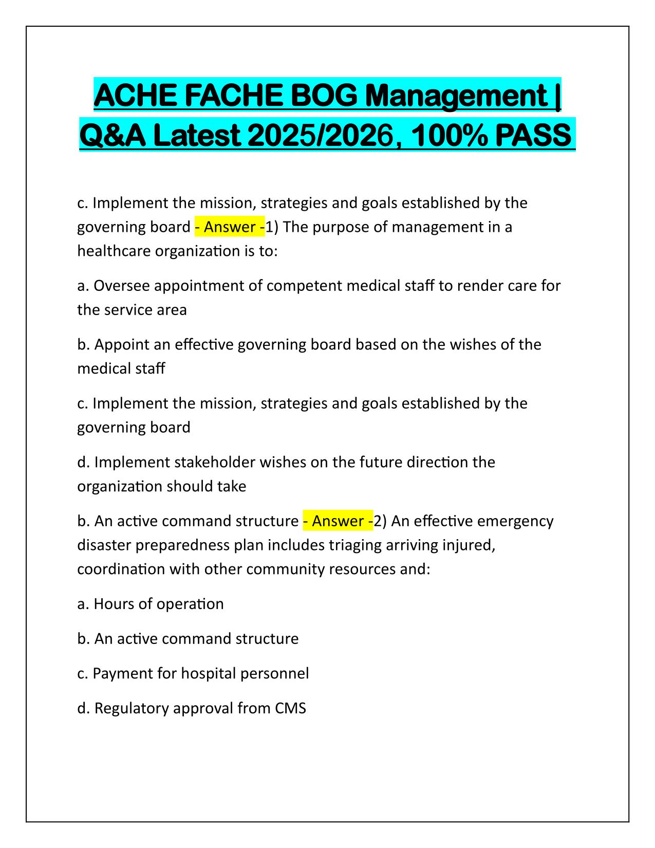 ACHE FACHE BOG Management Q&A Latest Update 