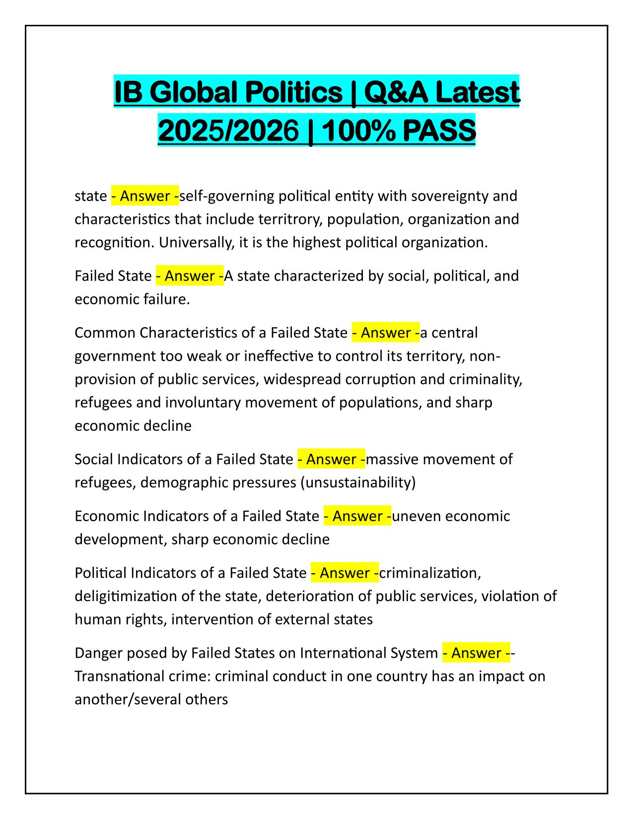 IB Global Politics Questions and Verified Answers Latest Update
