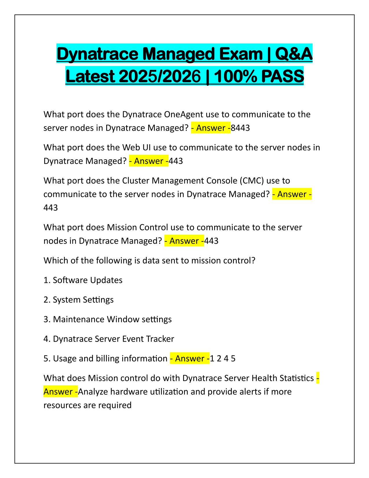 Dynatrace Managed Exam Correctly Answered Latest