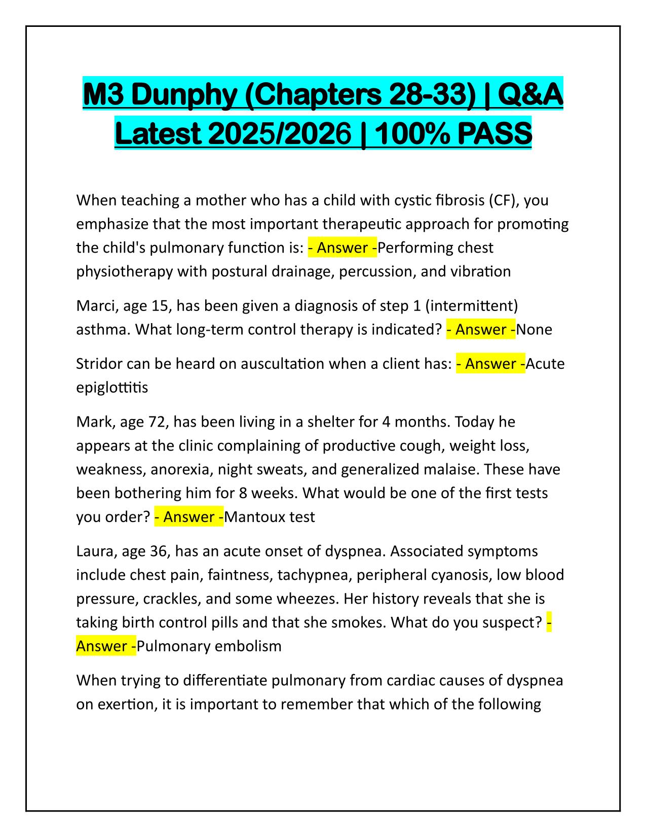 M3 Dunphy Chapters 28-33 Questions and Correct Answers Latest