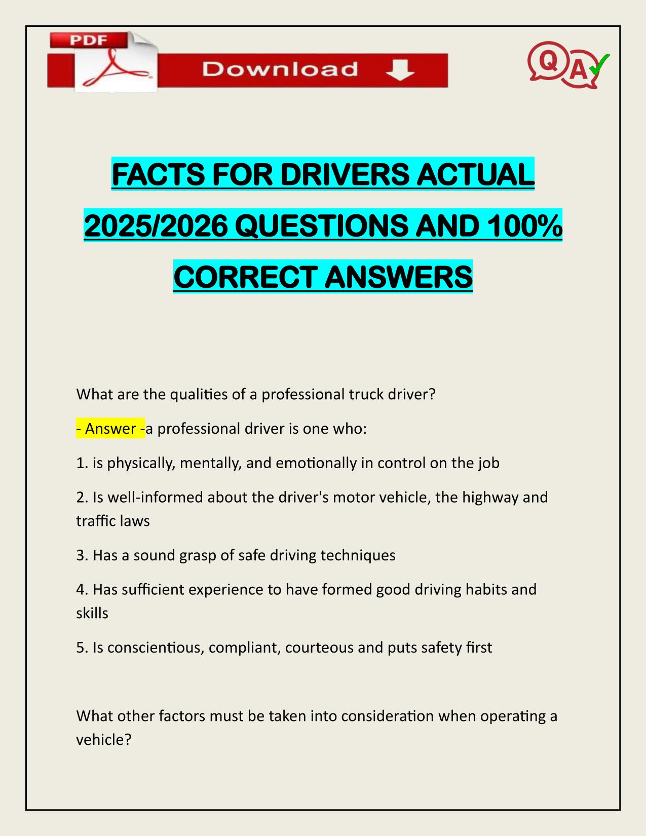 FACTS FOR DRIVERS ACTUAL 2025/2026 WITH CORRECT ANSWERS