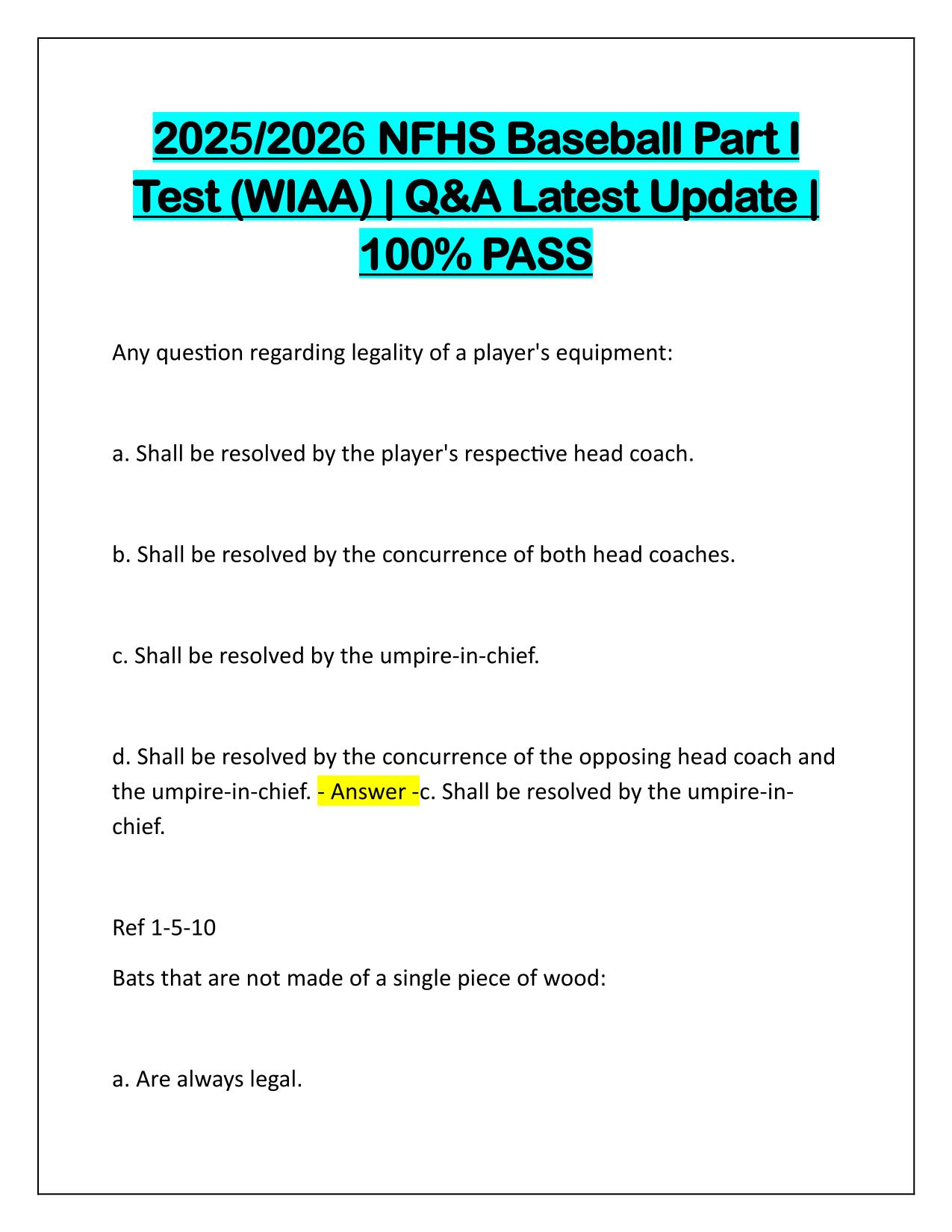 2025-2026 NFHS Baseball Part I Test (WIAA) Q&A Latest Update