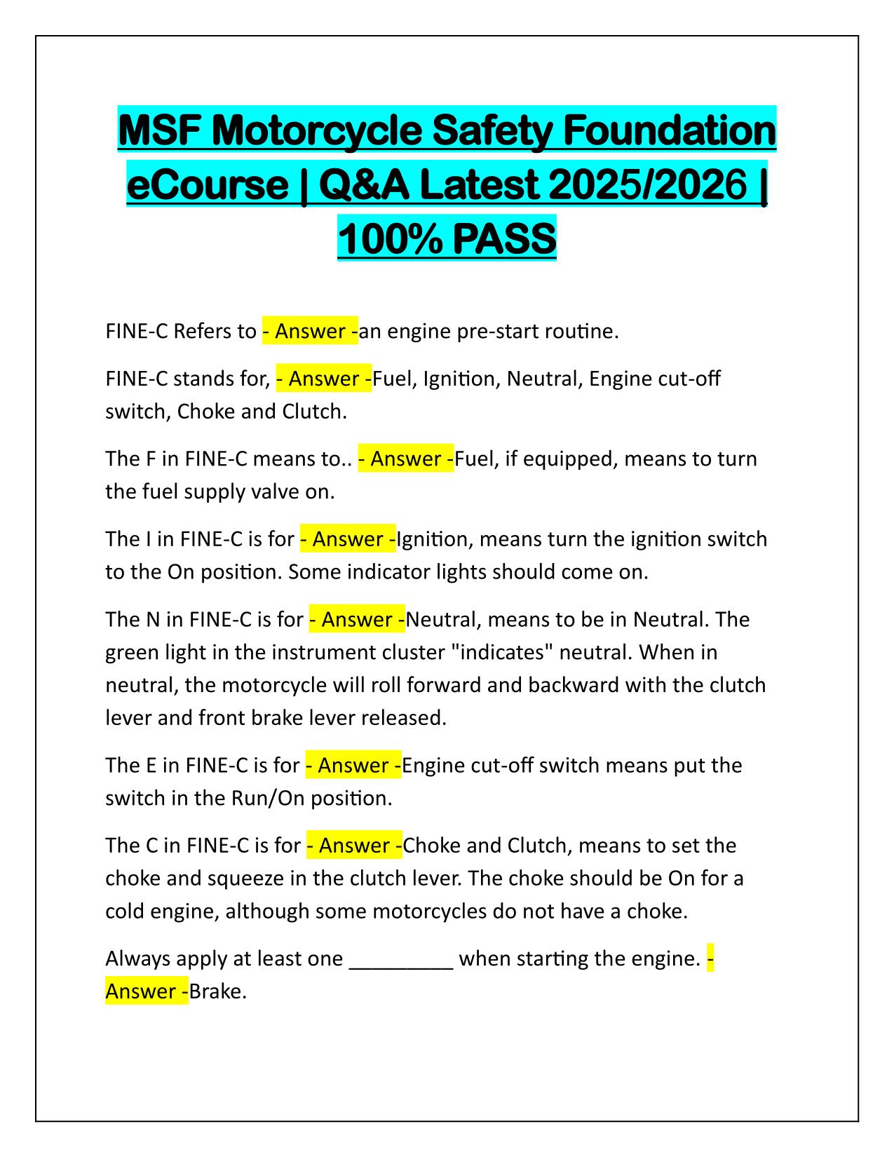 MSF Motorcycle Safety Foundation eCourse Q&A Latest Update 2025