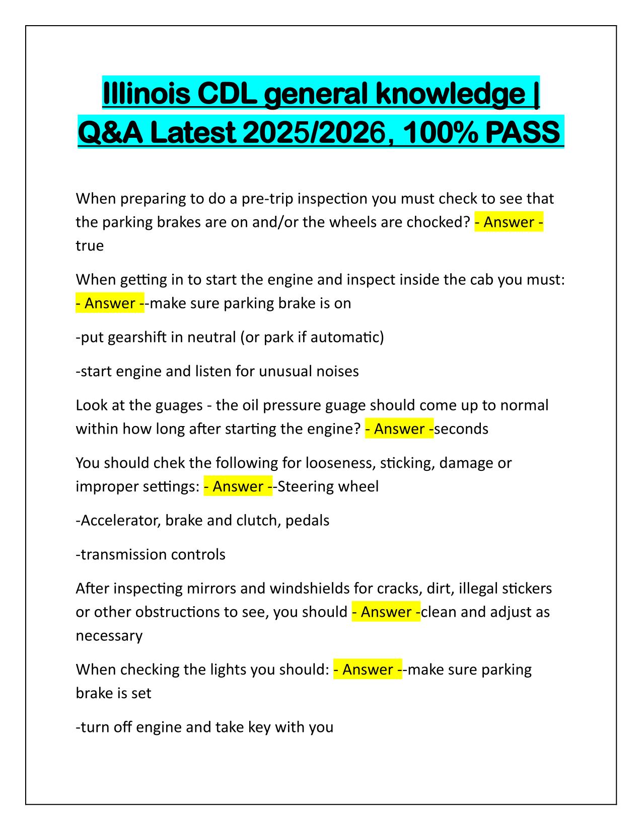 Illinois CDL general knowledge Q&A Latest Update