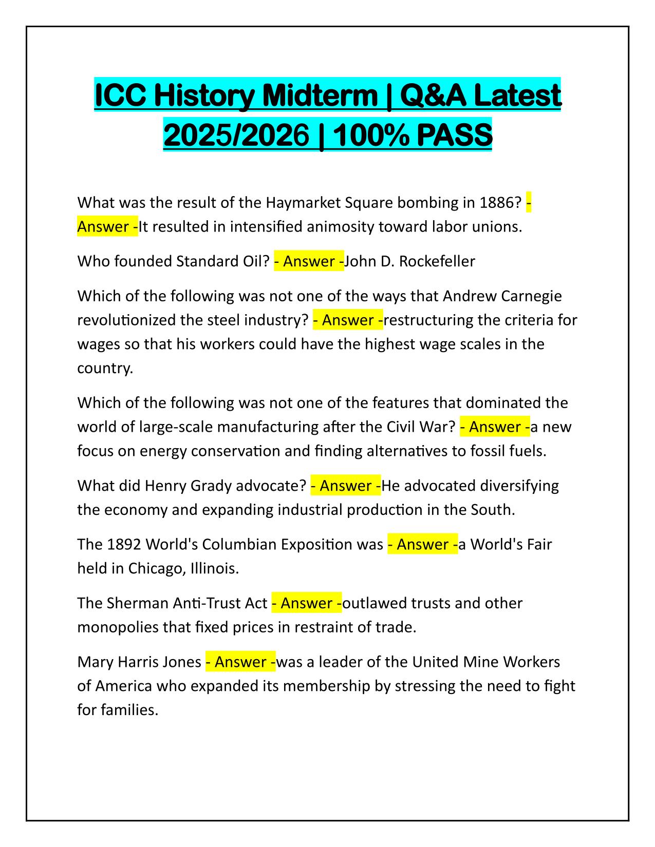 ICC History Midterm Q&A Latest Update 100% PASS
