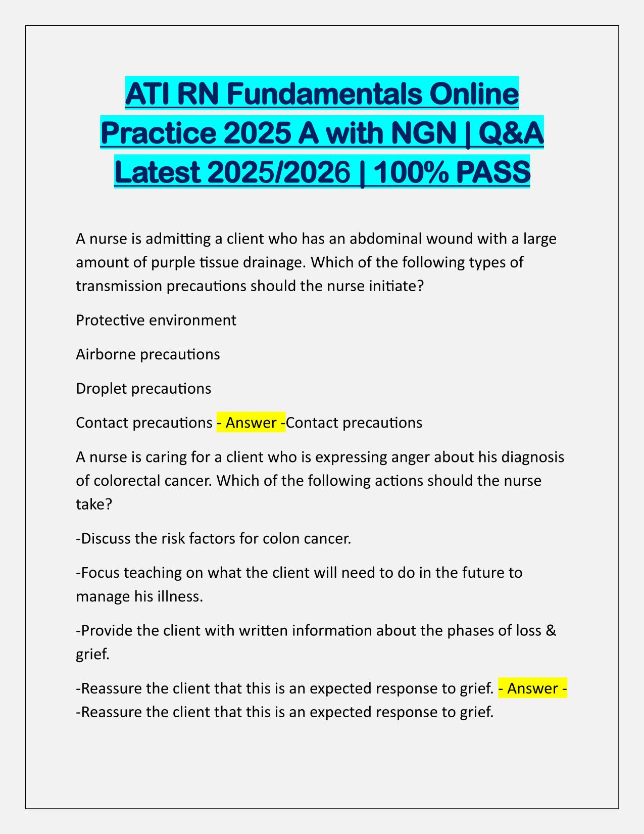 ATI RN Fundamentals Online Practice 2025 A with NGN Q&A Latest Update