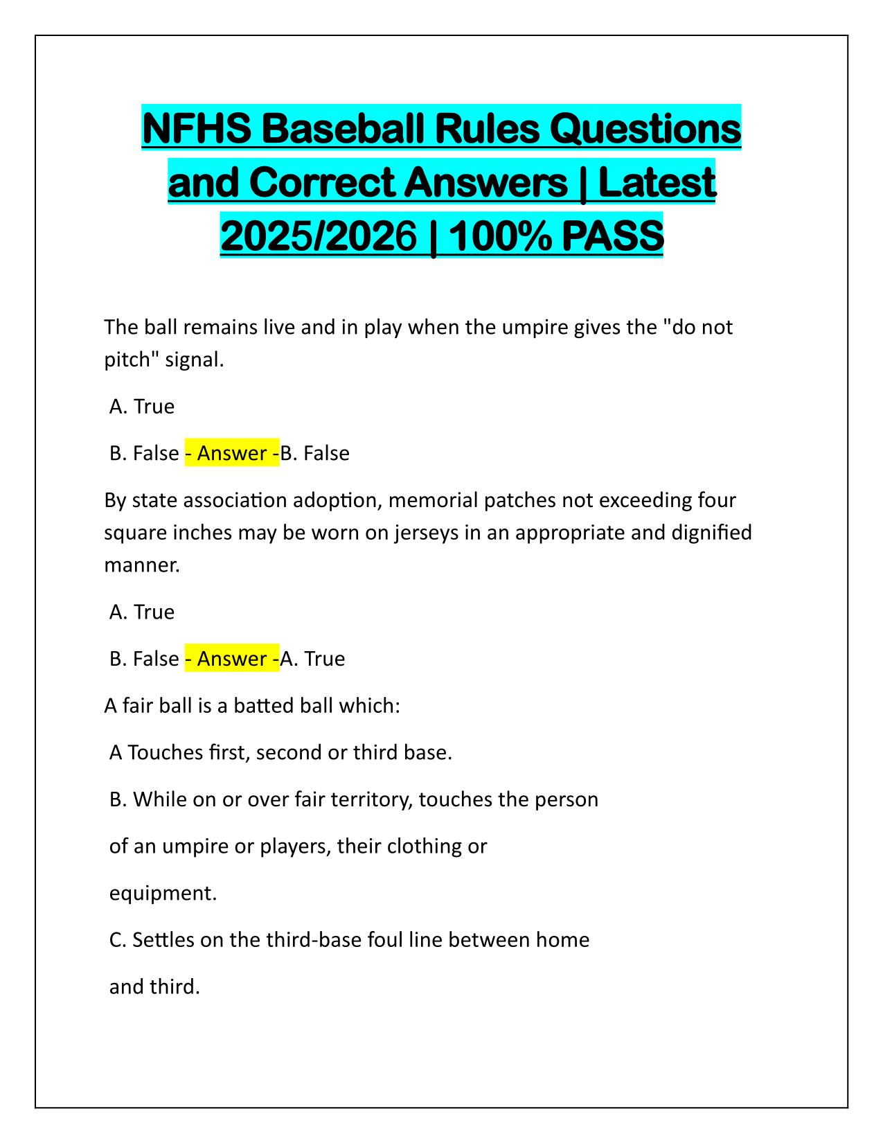 NFHS Baseball Rules Questions and Correct Answers Latest Update