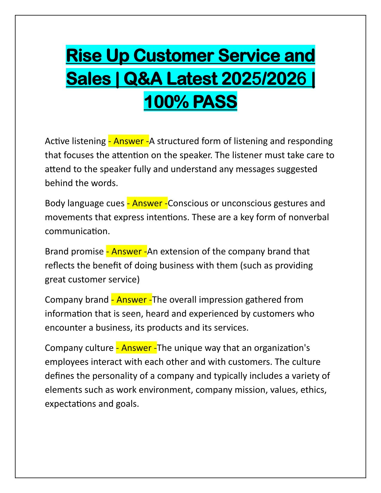 Rise Up Customer Service and Sales Correctly Answered Latest Update