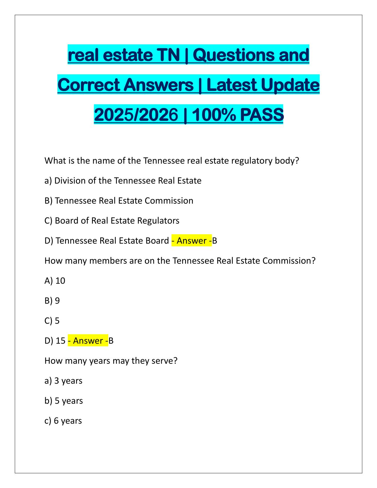real estate TN EXAM Questions and Answers