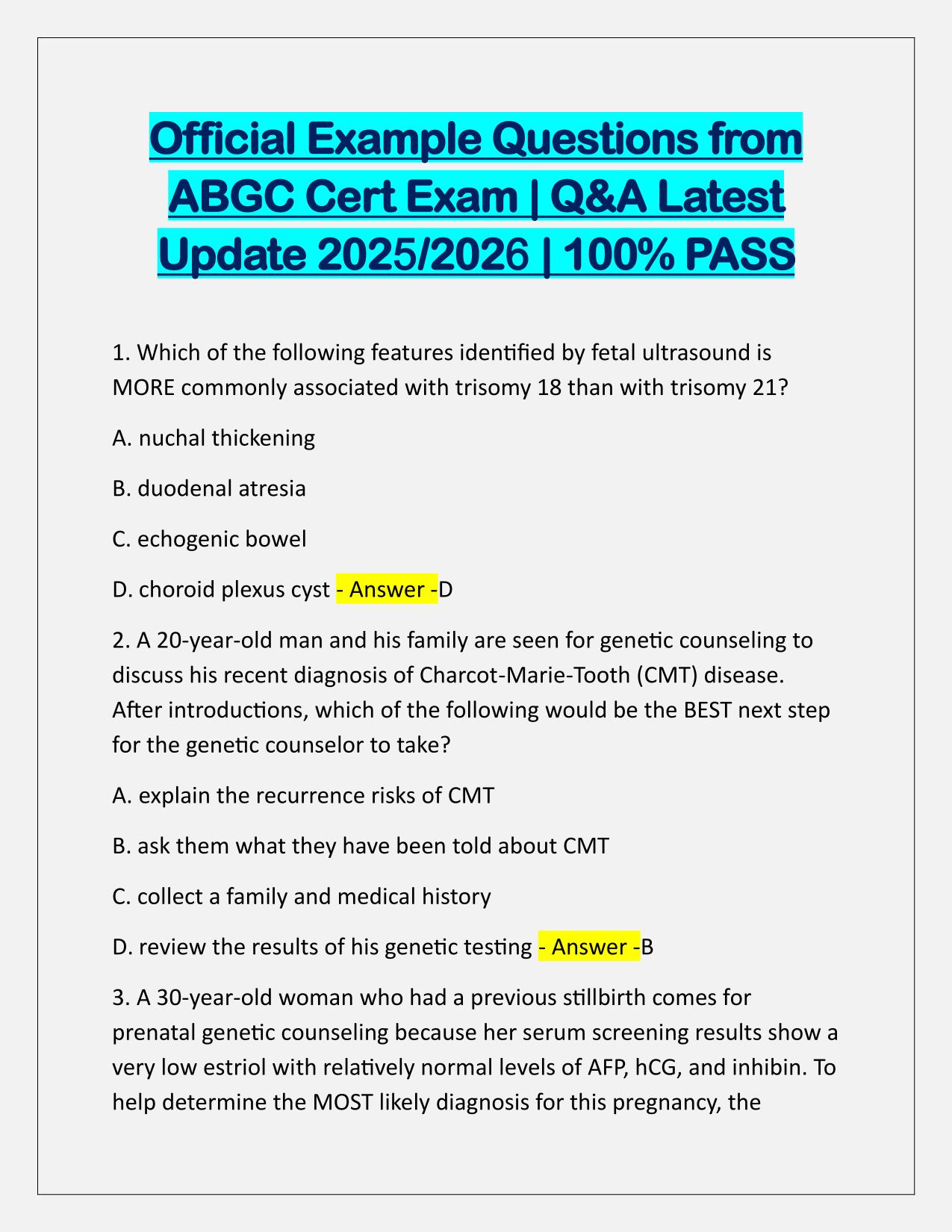 Official Example Questions from ABGC Cert Exam with Correct Answers