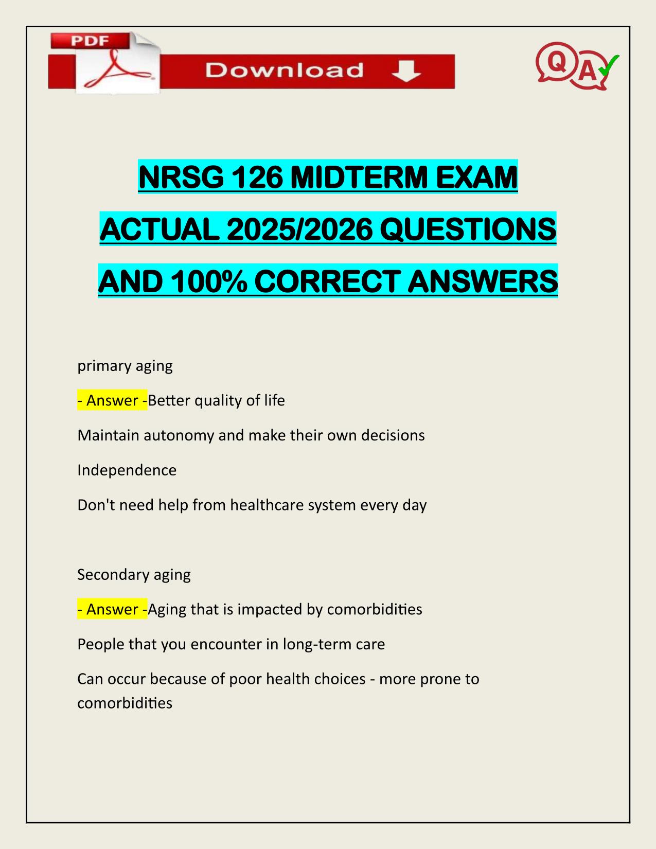 NRSG 126 MIDTERM EXAM ACTUAL 2025/2026 CORRECTLY ANSWERED