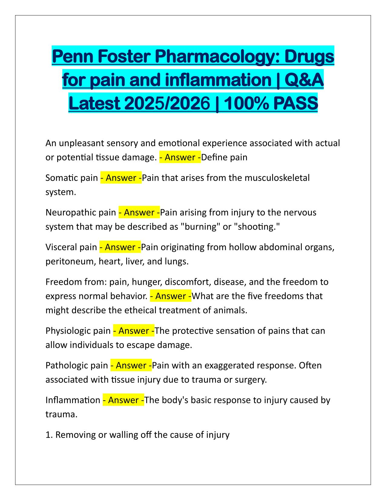 Penn Foster Pharmacology Drugs for pain and inflammation Q&A Latest Update