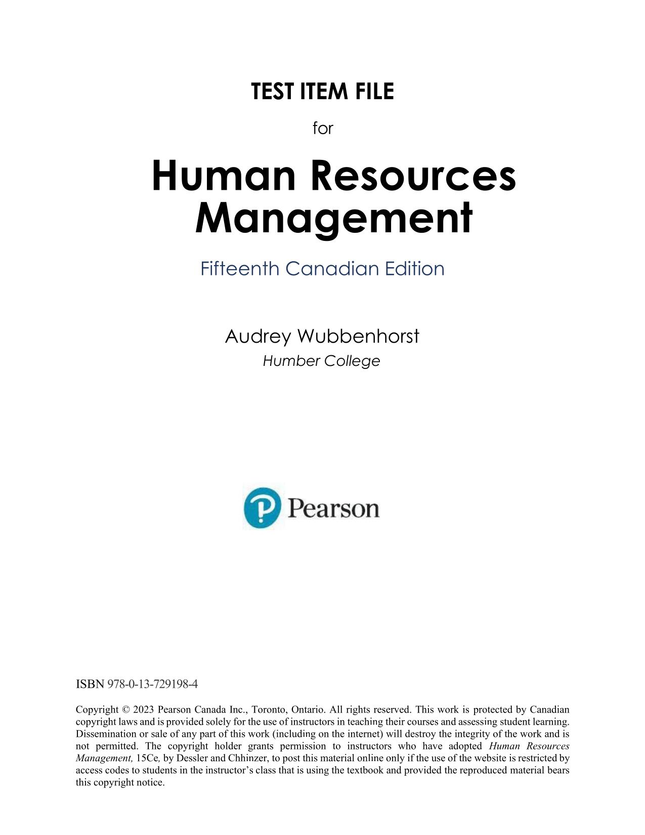 Test Bank for Human Resources Management in Canada, 15th Edition by Gary Dessler ISBN 9780137291878 2025/2025 Update