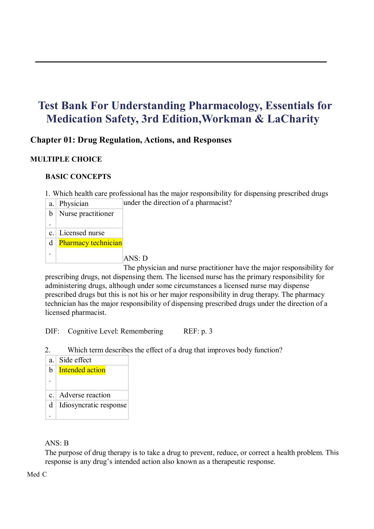 Test Bank for Understanding Pharmacology Essentials for Medication Safety 3rd Ed by M Linda Workman ISBN: 9780323793506
