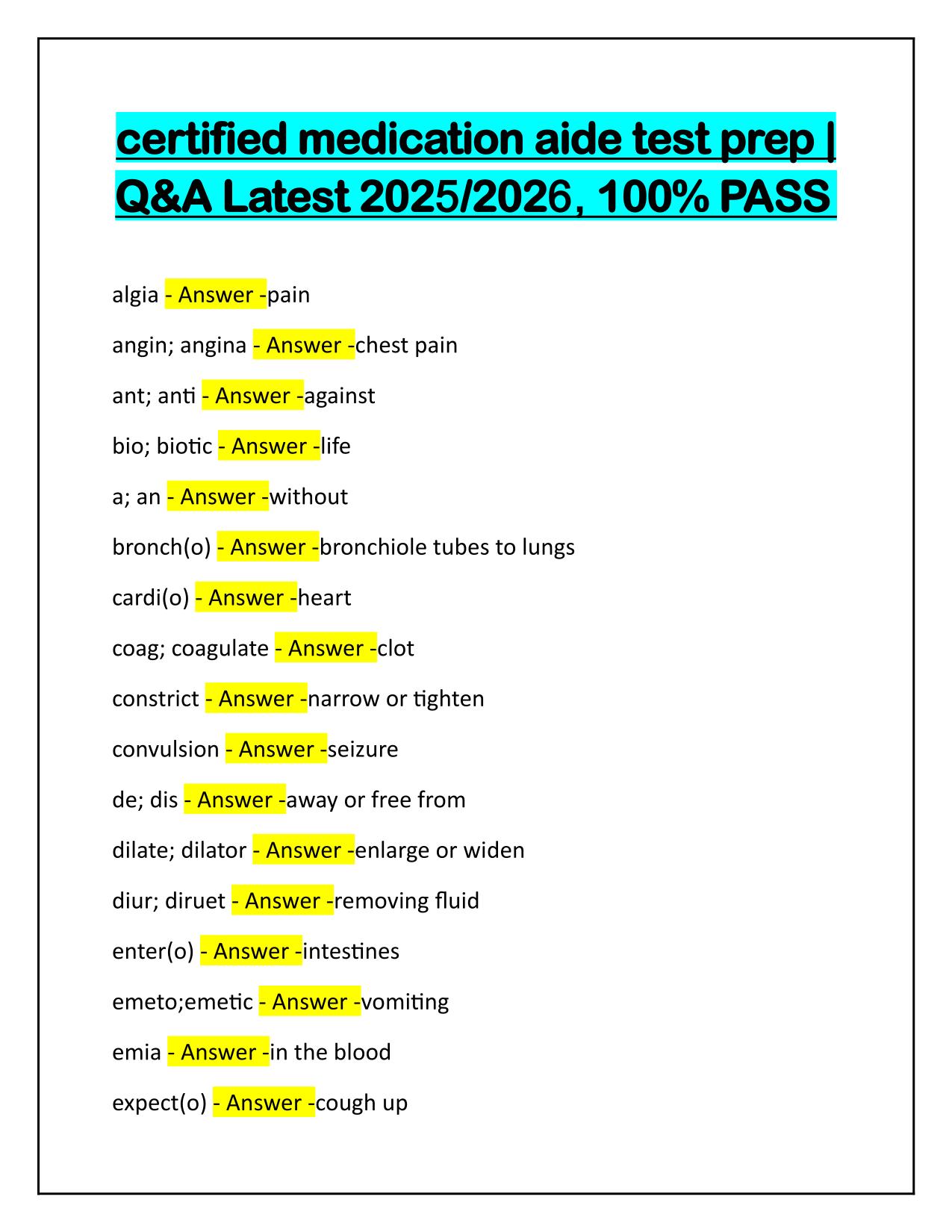 Certified medication aide test prep Q&A Latest Update 2025