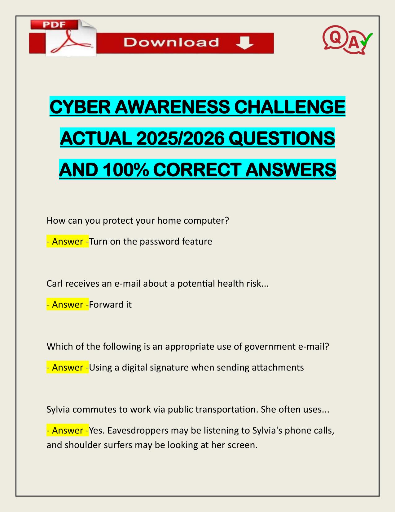 CYBER AWARENESS CHALLENGE ACTUAL 2025/2026 Q&A UPDATE