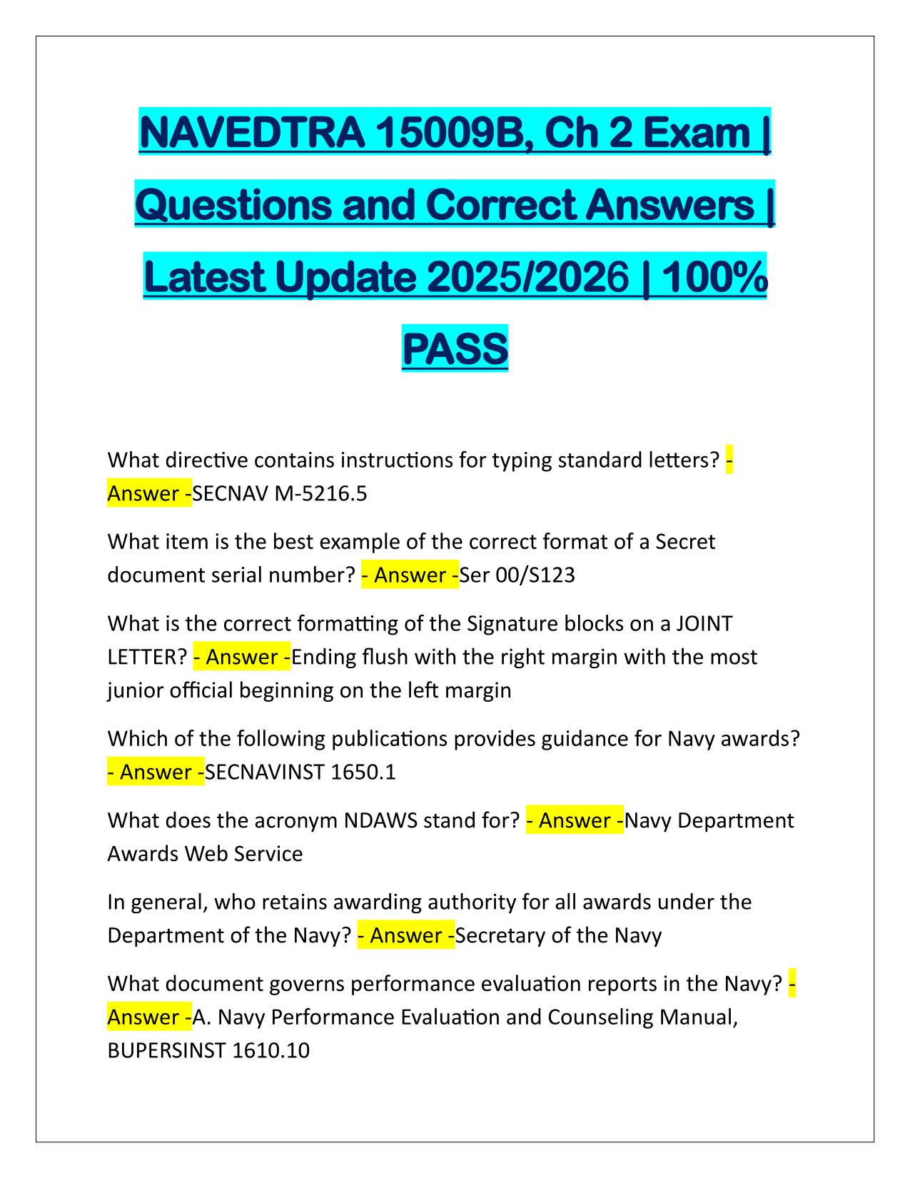 NAVEDTRA 15009B, Ch 2 Exam Questions and Verified Answers Latest