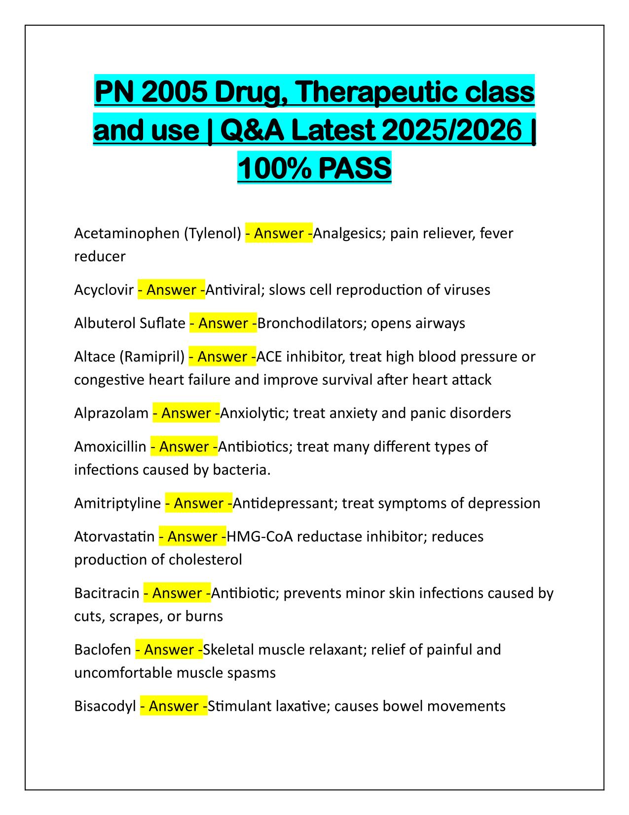 PN 2005 Drug, Therapeutic class and use Q&A Latest Update