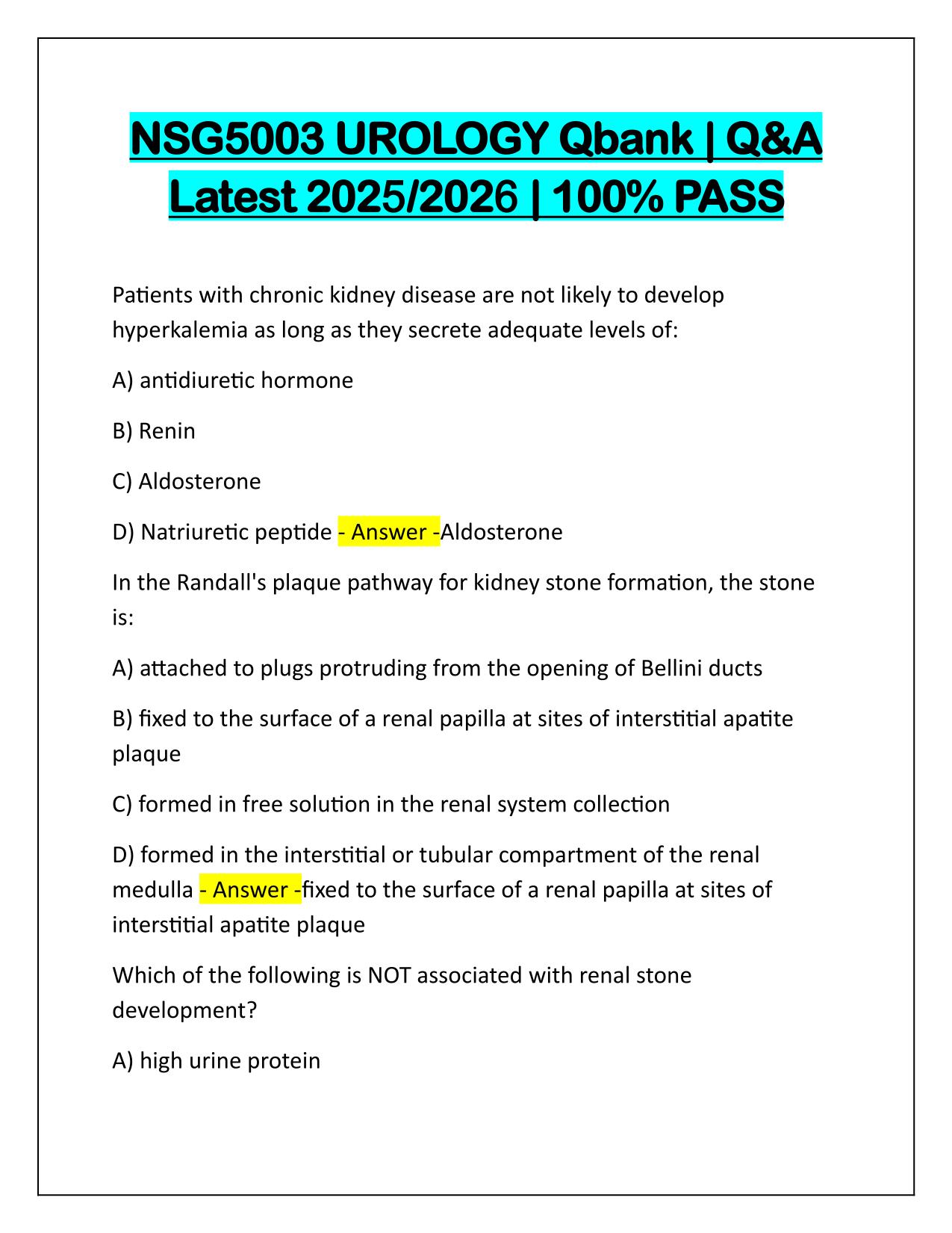 NSG5003 UROLOGY Qbank Q&A Latest Update 2025