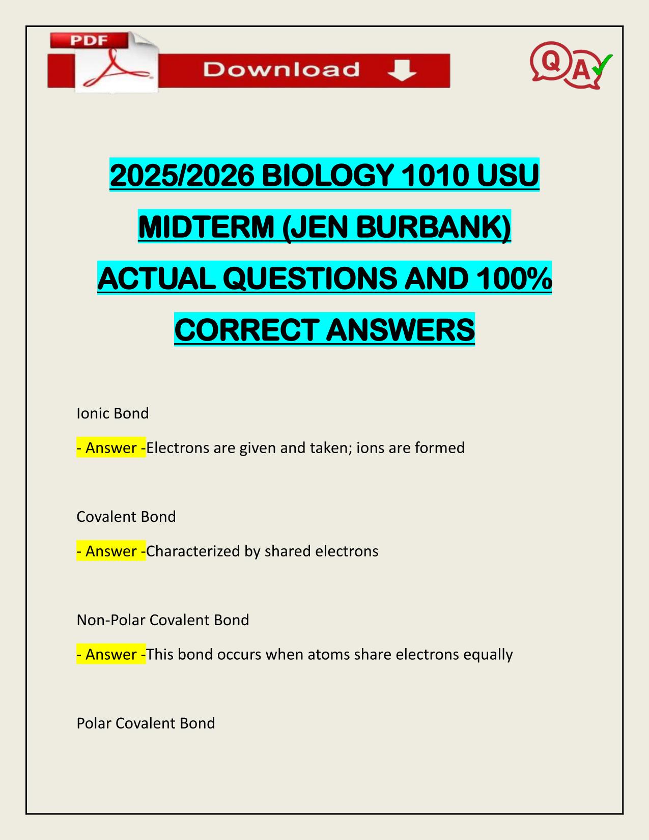 2025/2026 BIOLOGY 1010 USU MIDTERM (JEN BURBANK) ACTUAL CORRECTLY ANSWERED