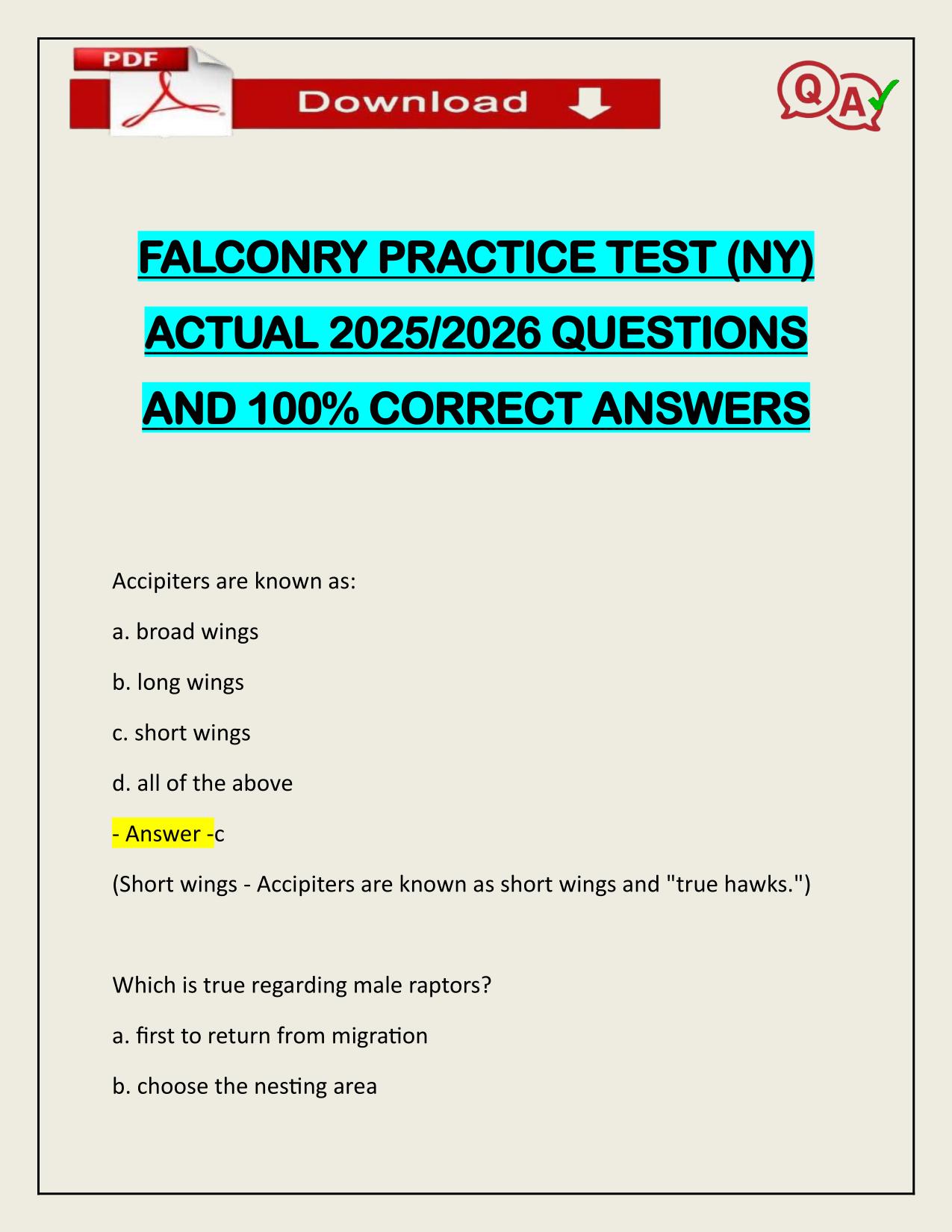 FALCONRY PRACTICE TEST (NY) ACTUAL 2025/2026 CORRECTLY ANSWERED