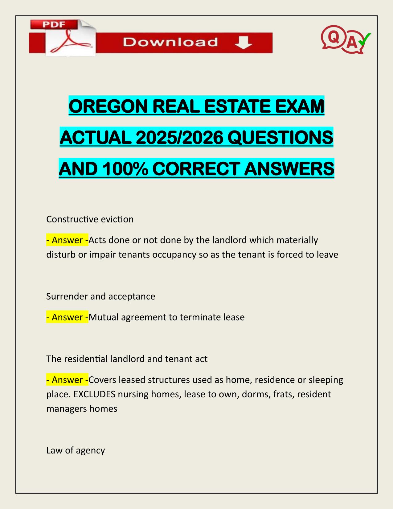 OREGON REAL ESTATE EXAM ACTUAL 2025/2026 QUESTIONS AND 100% CORRECT ANSWERS