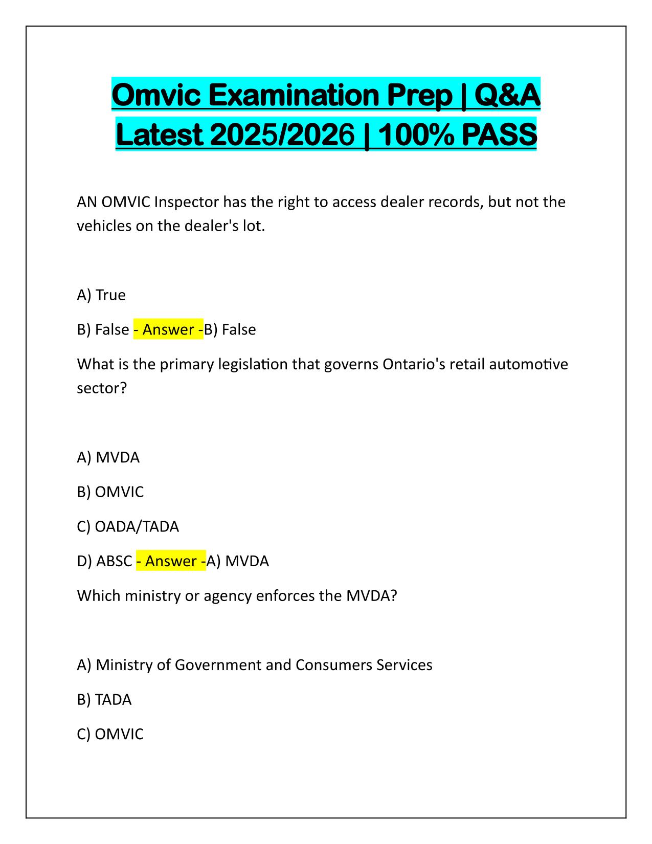 Package Deal for OMVIC Exams Q&A Latest Update