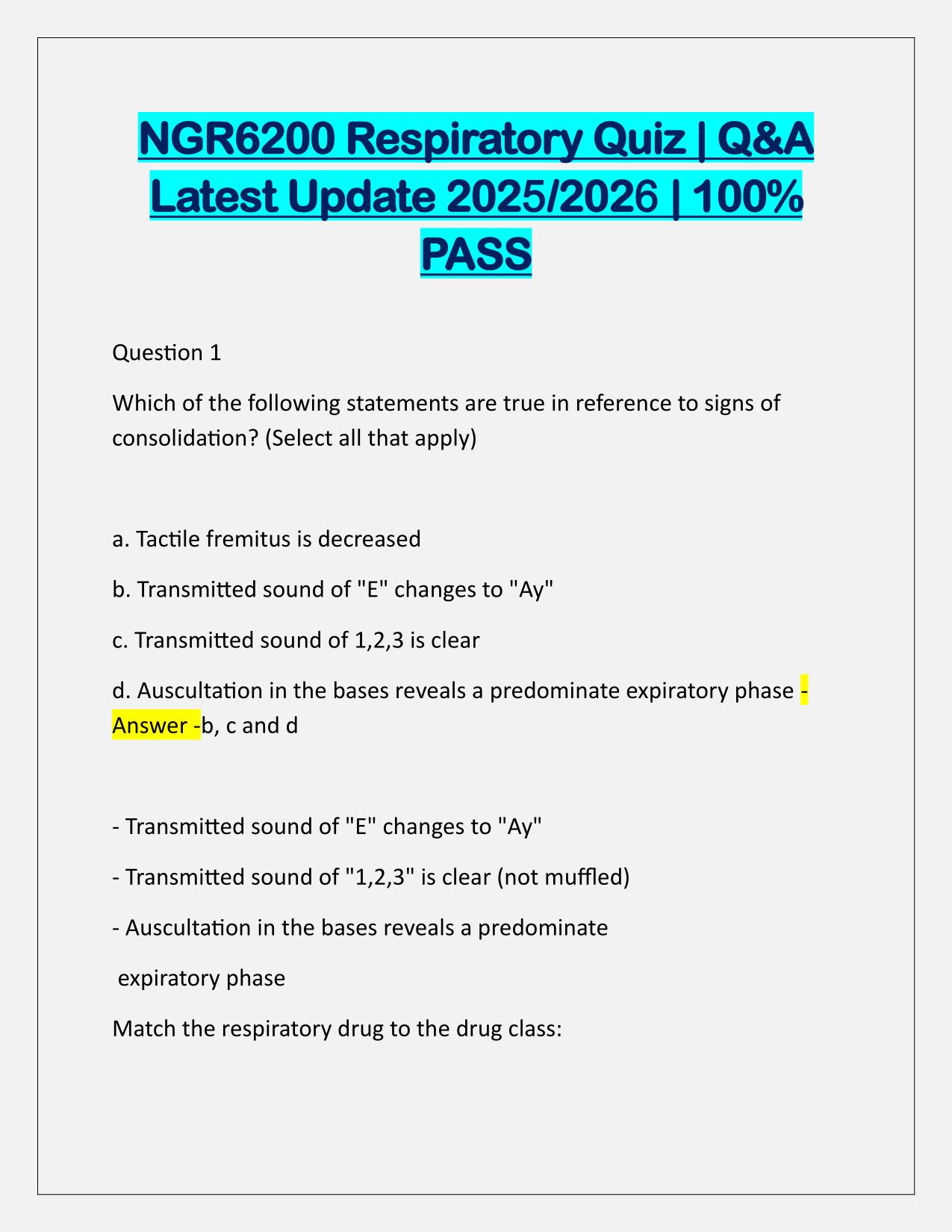 NGR6200 Respiratory Quiz Q&A Latest Update