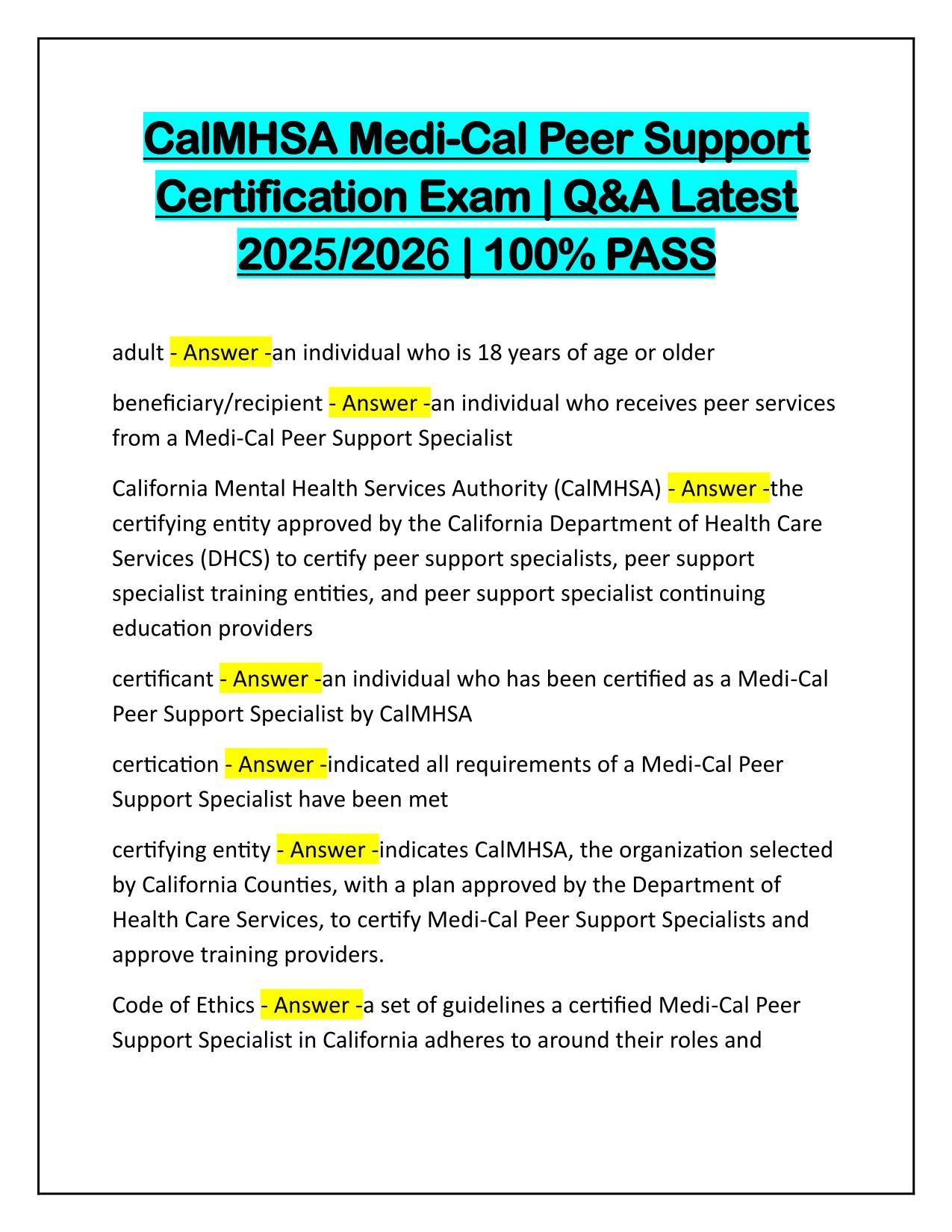 CalMHSA Medi-Cal Peer Support Certification Exam Q&A Latest Update 100% PASS