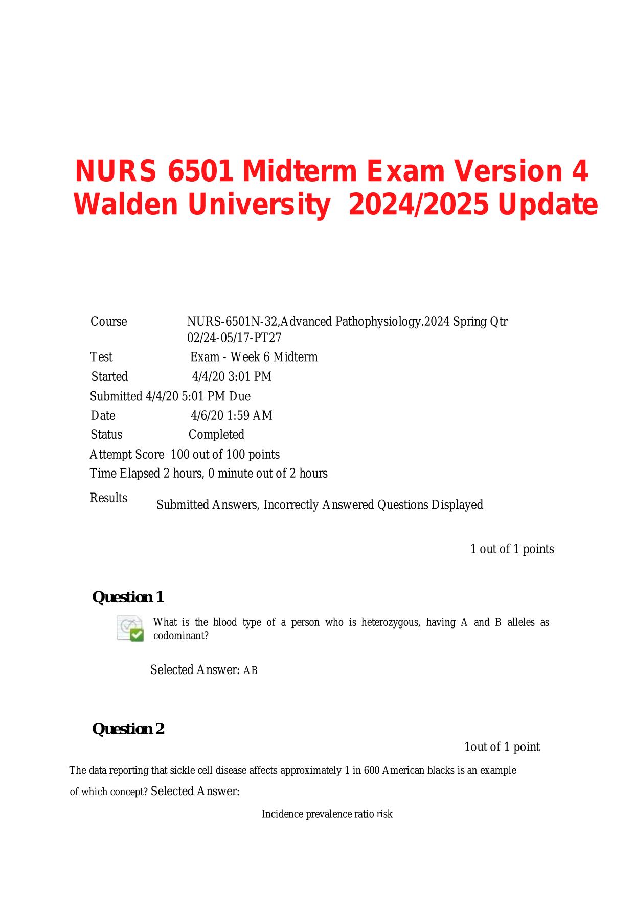 NURS 6501 Midterm Exam Version 4 Walden University 2025/2026 UPDATE