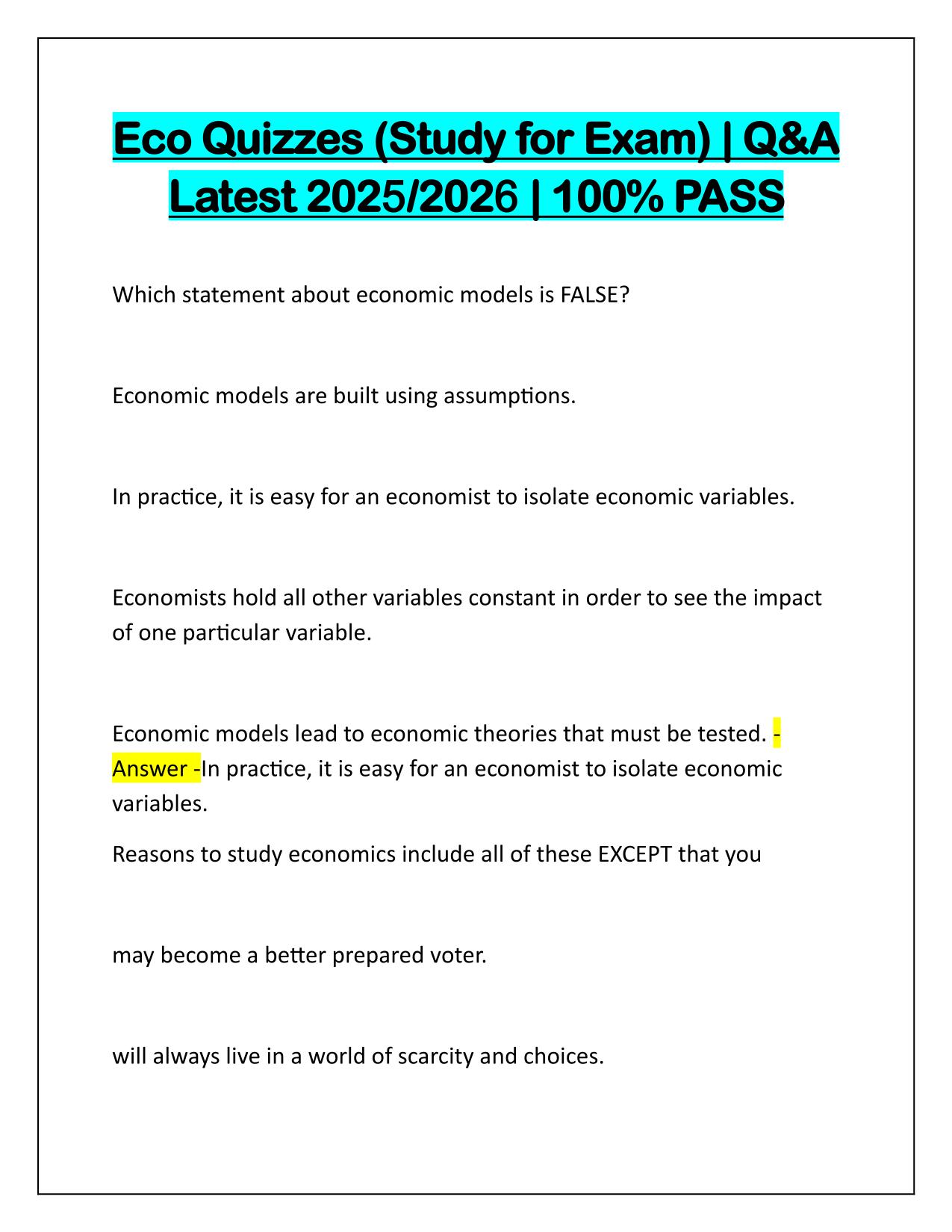 Eco Quizzes (Study for Exam) Q&A Latest Update