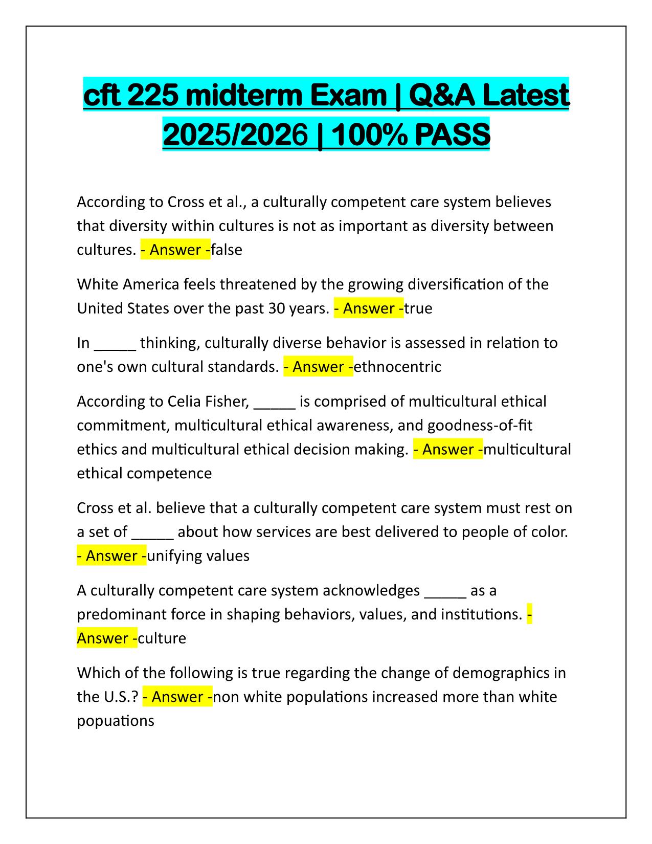 cft 225 midterm Exam Questions and Correct Answers 2025 Update