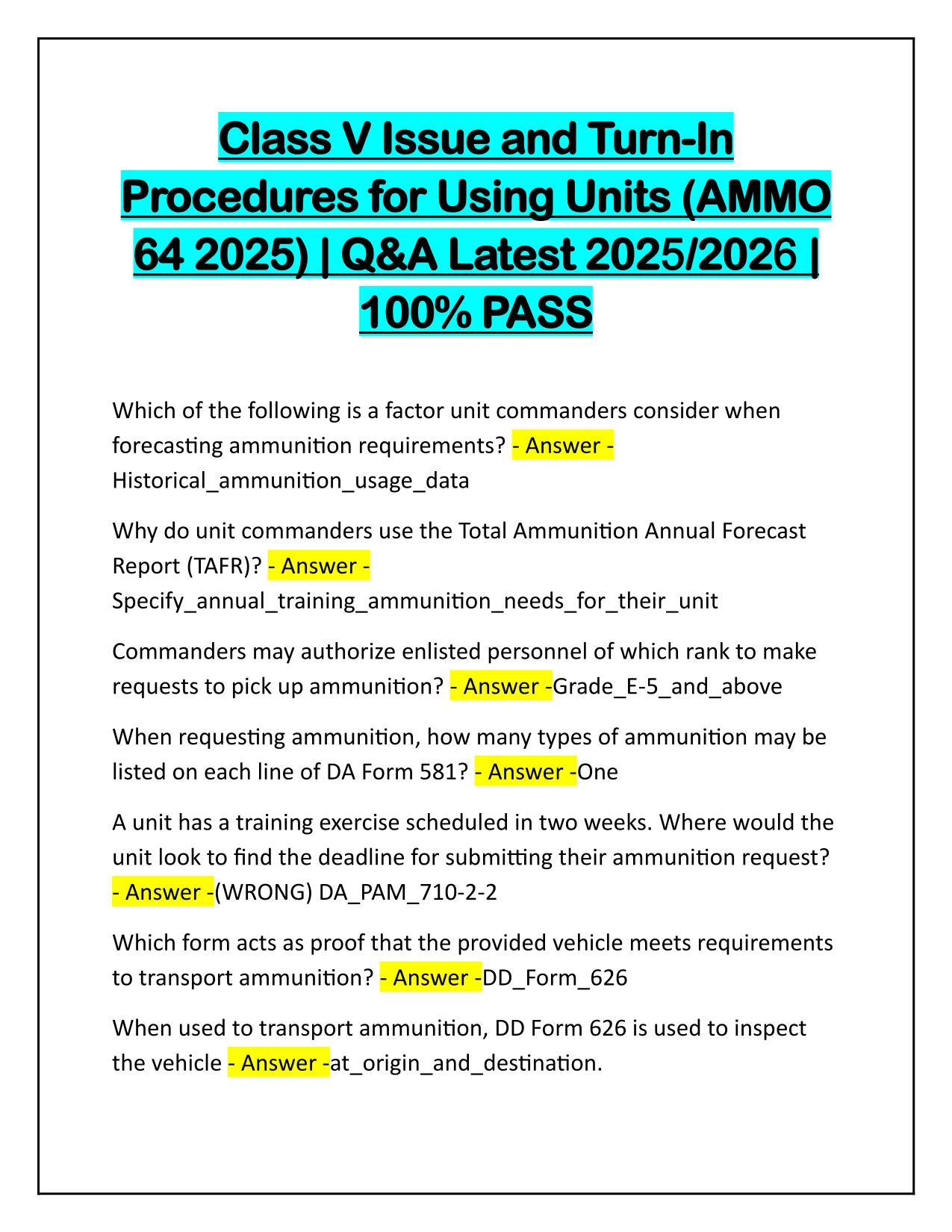 Class V Issue and Turn-In Procedures for Using Units (AMMO 64 2025) Q&A Latest Update