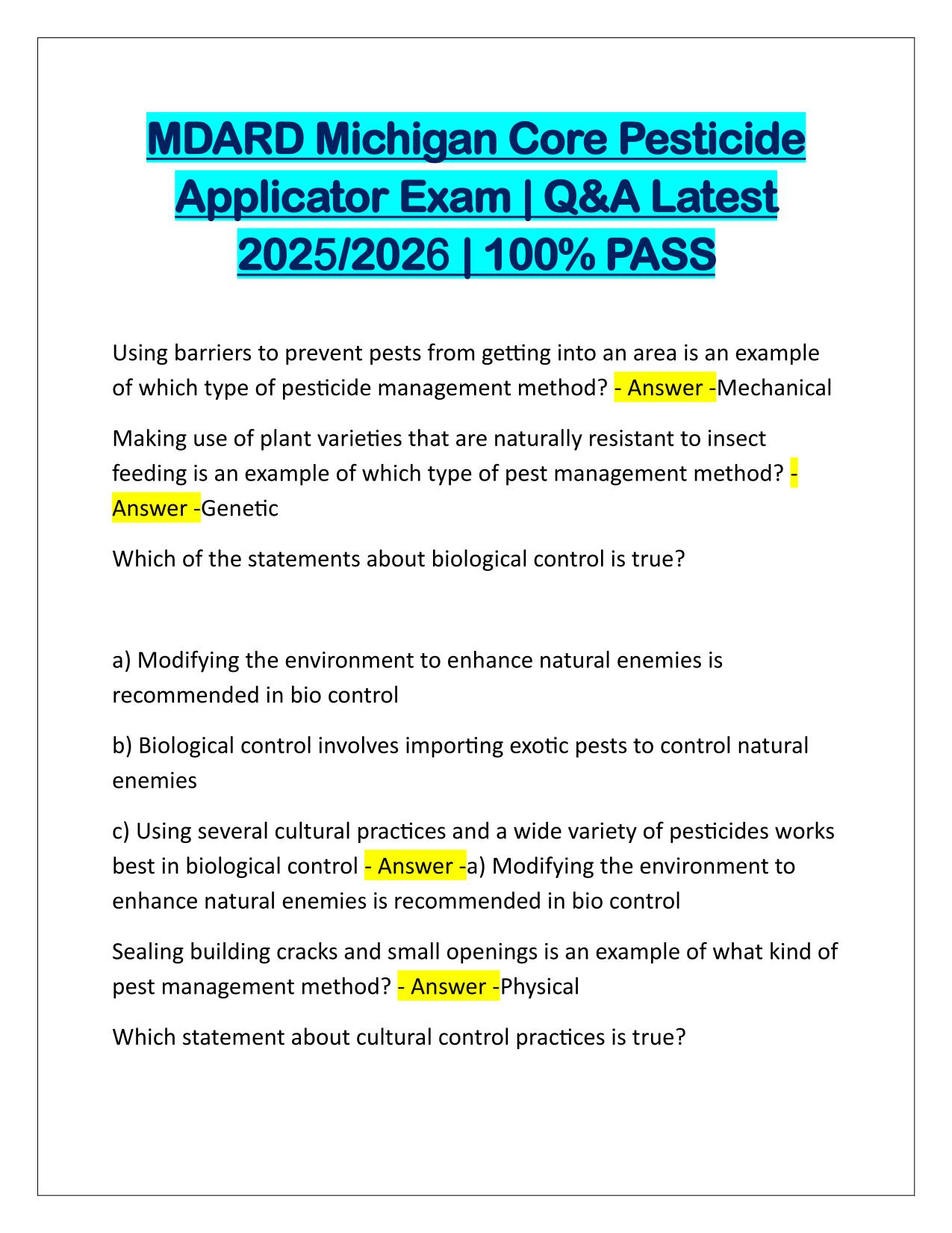 MDARD Michigan Core Pesticide Applicator Exam Q&A Latest Update 2025-2026