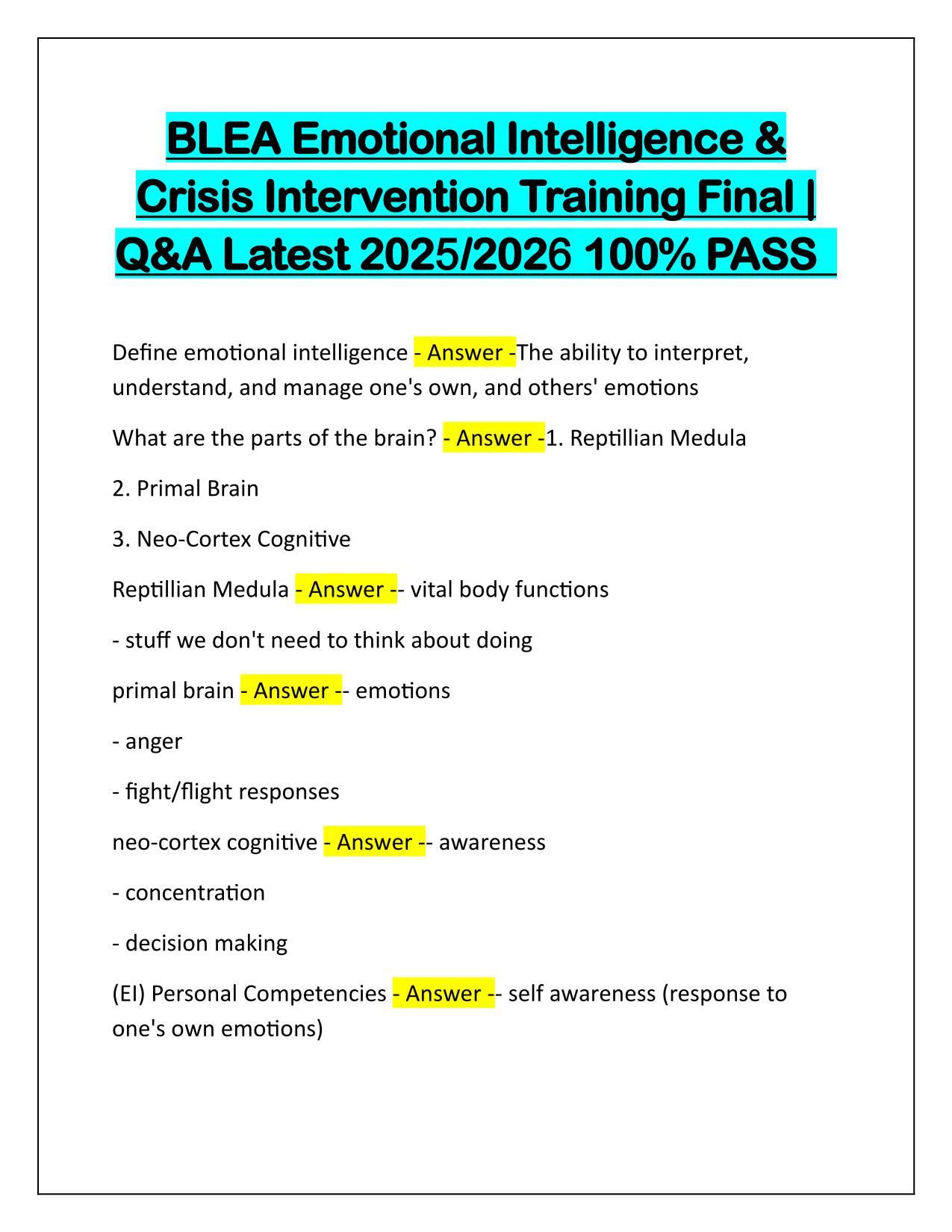 BLEA Emotional Intelligence and Crisis Intervention Training Final Q&A Latest Update