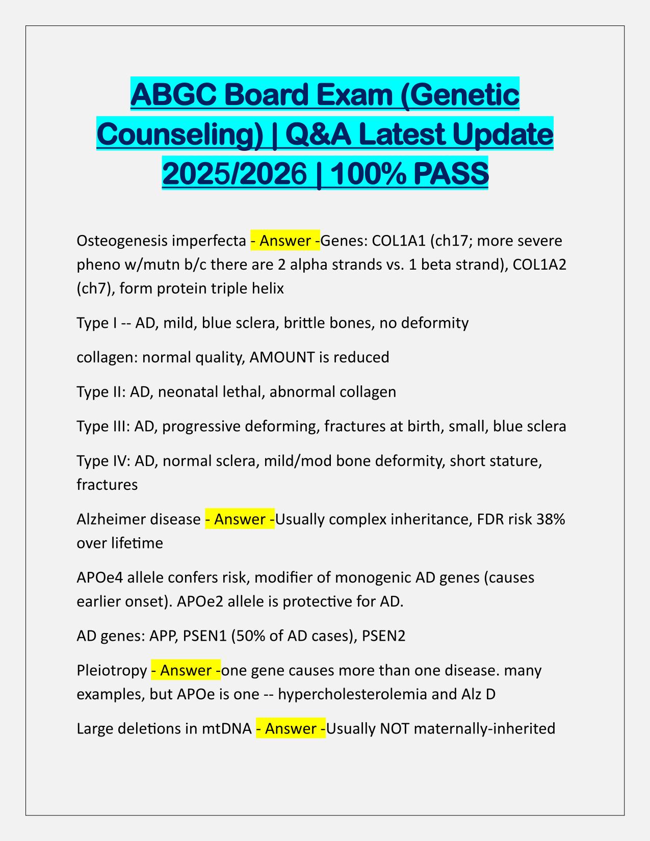 ABGC Board Exam (Genetic Counseling) Q&A Latest