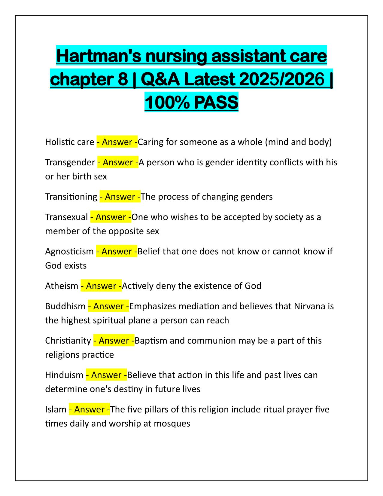 Hartman's nursing assistant care chapter 8 Correctly Answered Latest Update