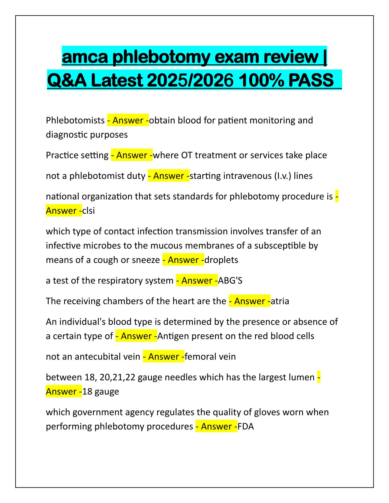 AMCA phlebotomy exam review Q&A Latest Update 2025