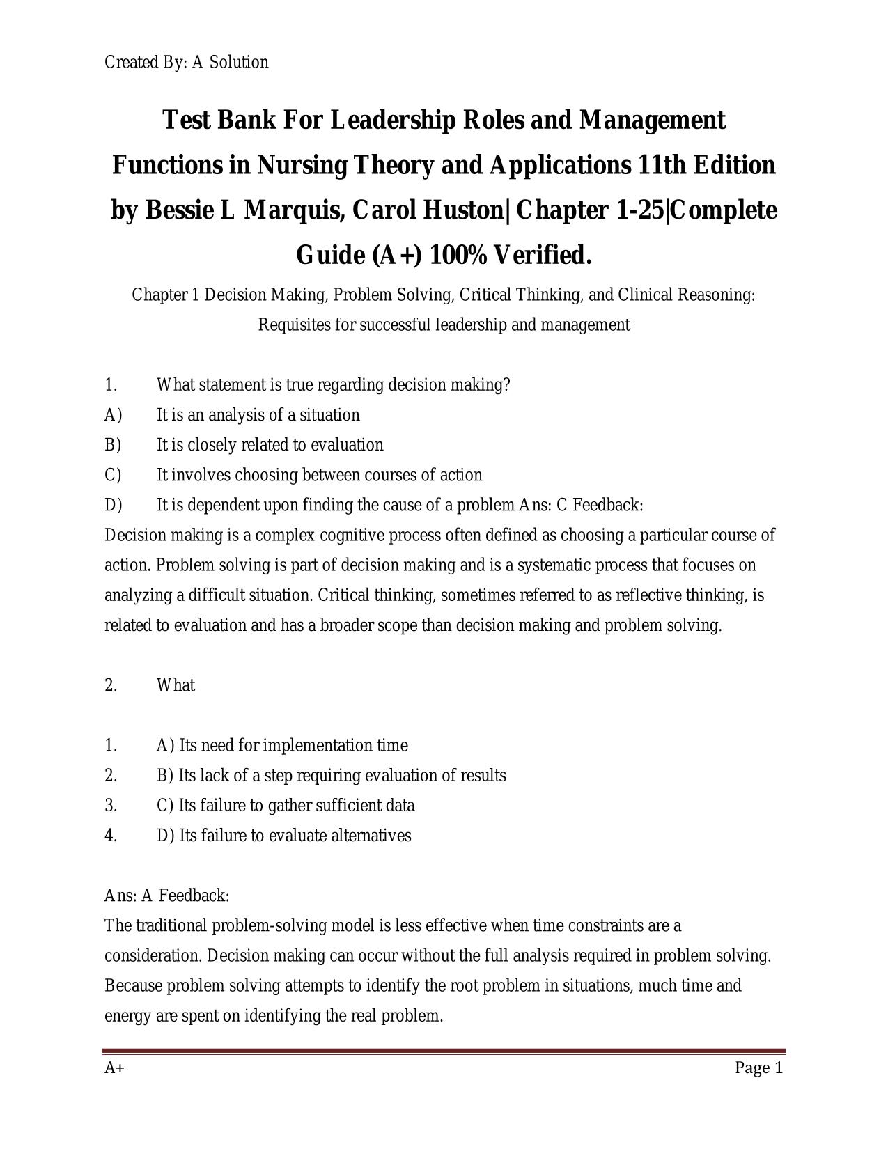 TestBank Leadership Roles and Management Functions in Nursing Theory and Applications 11th Edition ISBN 9781975193065 All Chapters 2025/2026