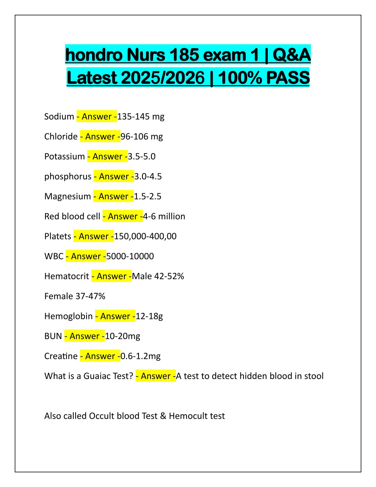 hondro Nurs 185 exam 1 Questions and verified Answers Latest