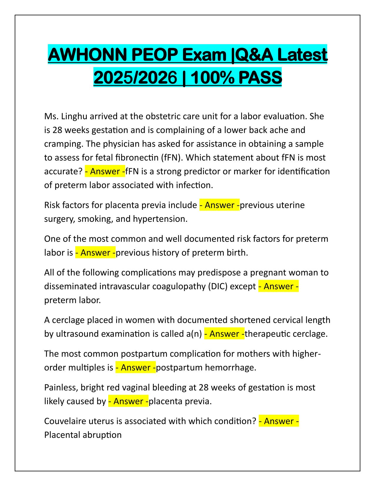 AWHONN PEOP Exam Questions and Correct Answers 2025-2026 Update