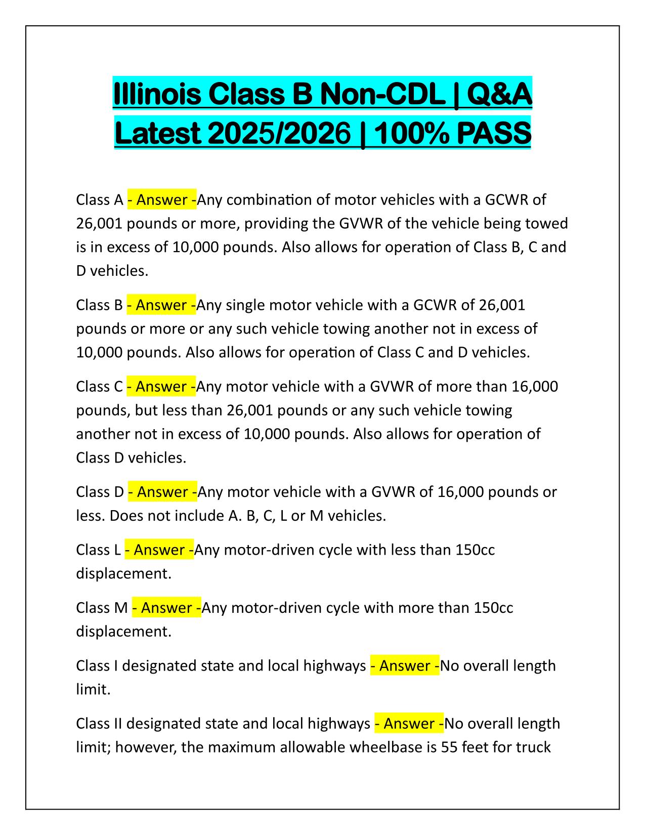 Illinois Class B Non-CDL Questions with Verified Answers Latest Update 2025
