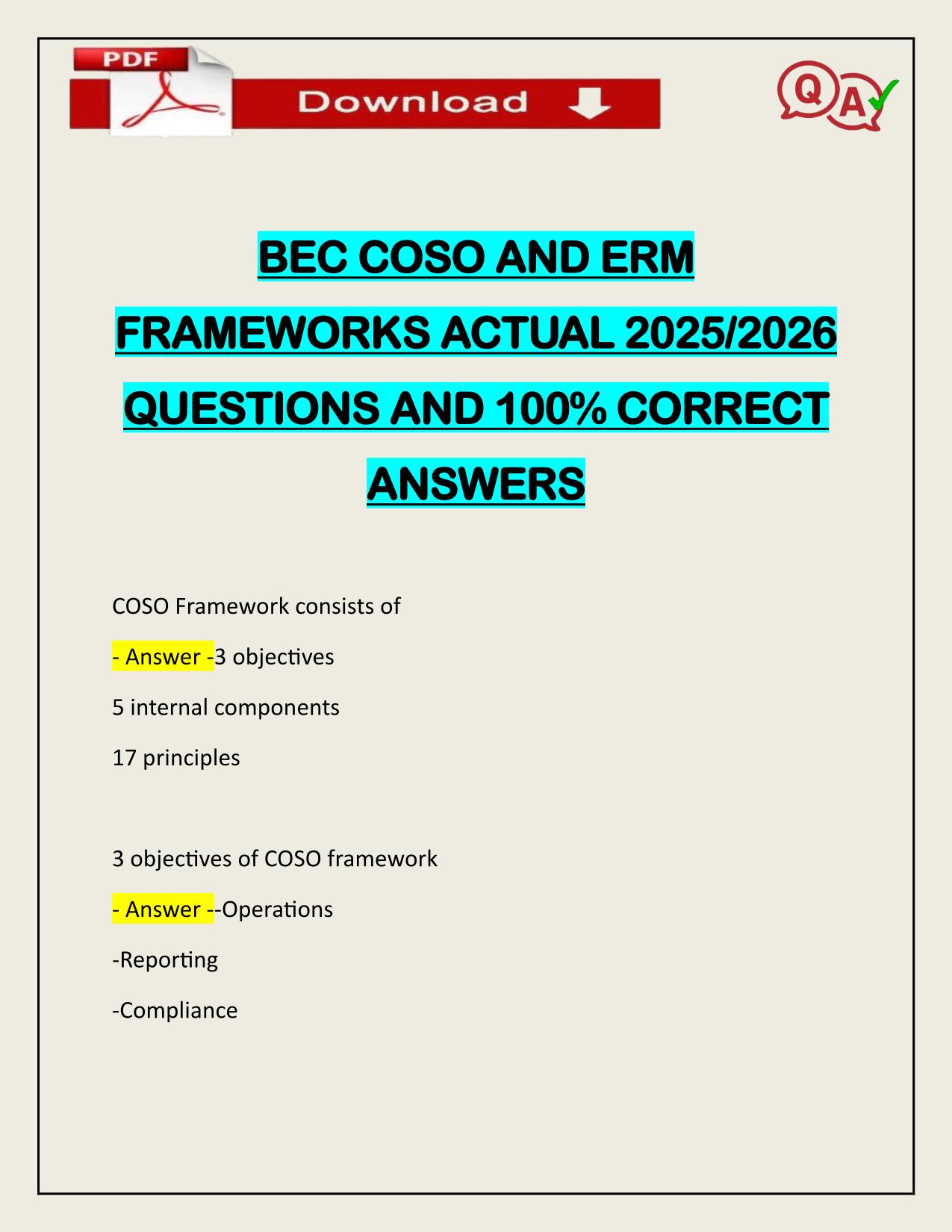 BEC COSO AND ERM FRAMEWORKS ACTUAL 2025/2026 WITH CORRECT ANSWERS