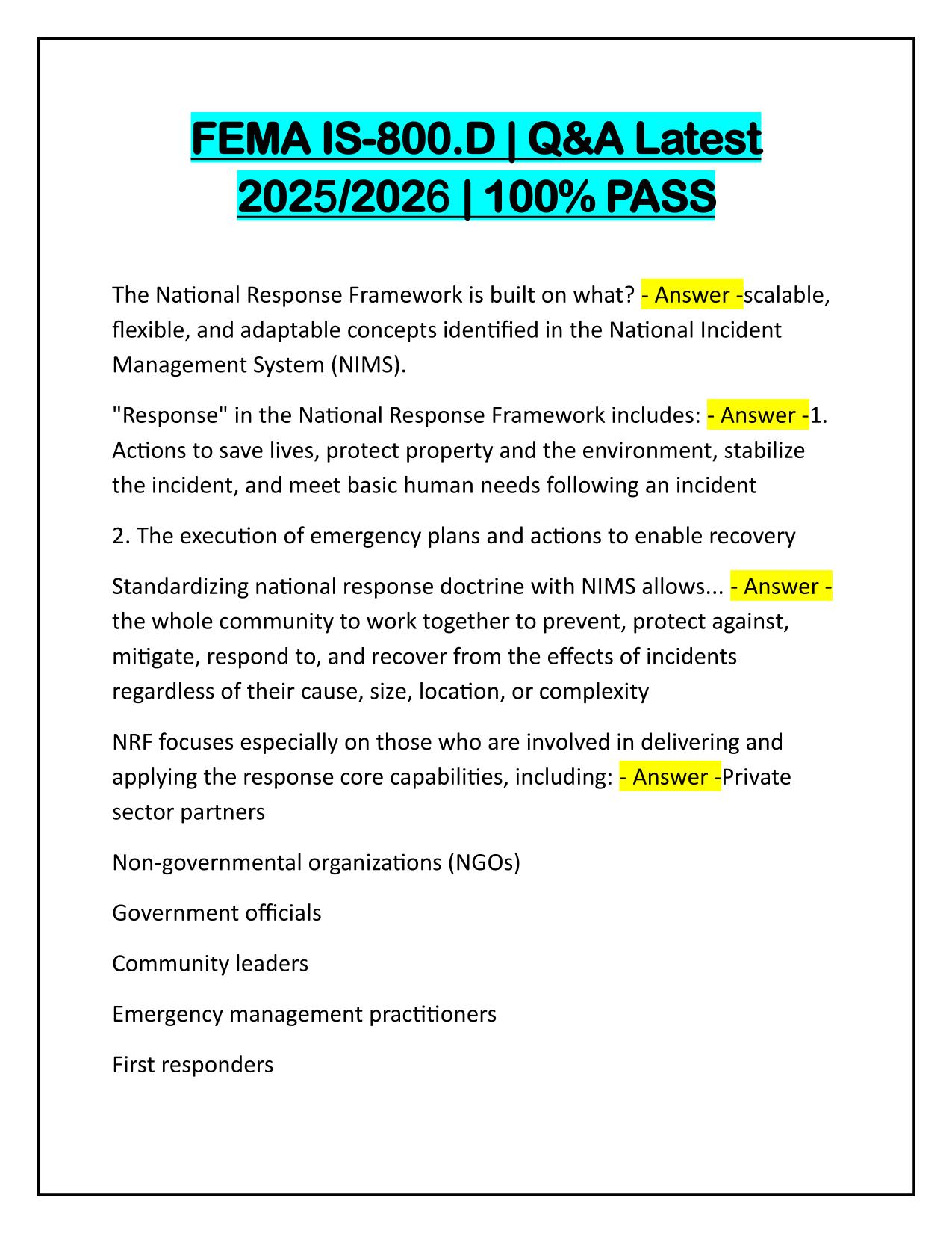 FEMA IS-800D Q&A Latest Update 2025