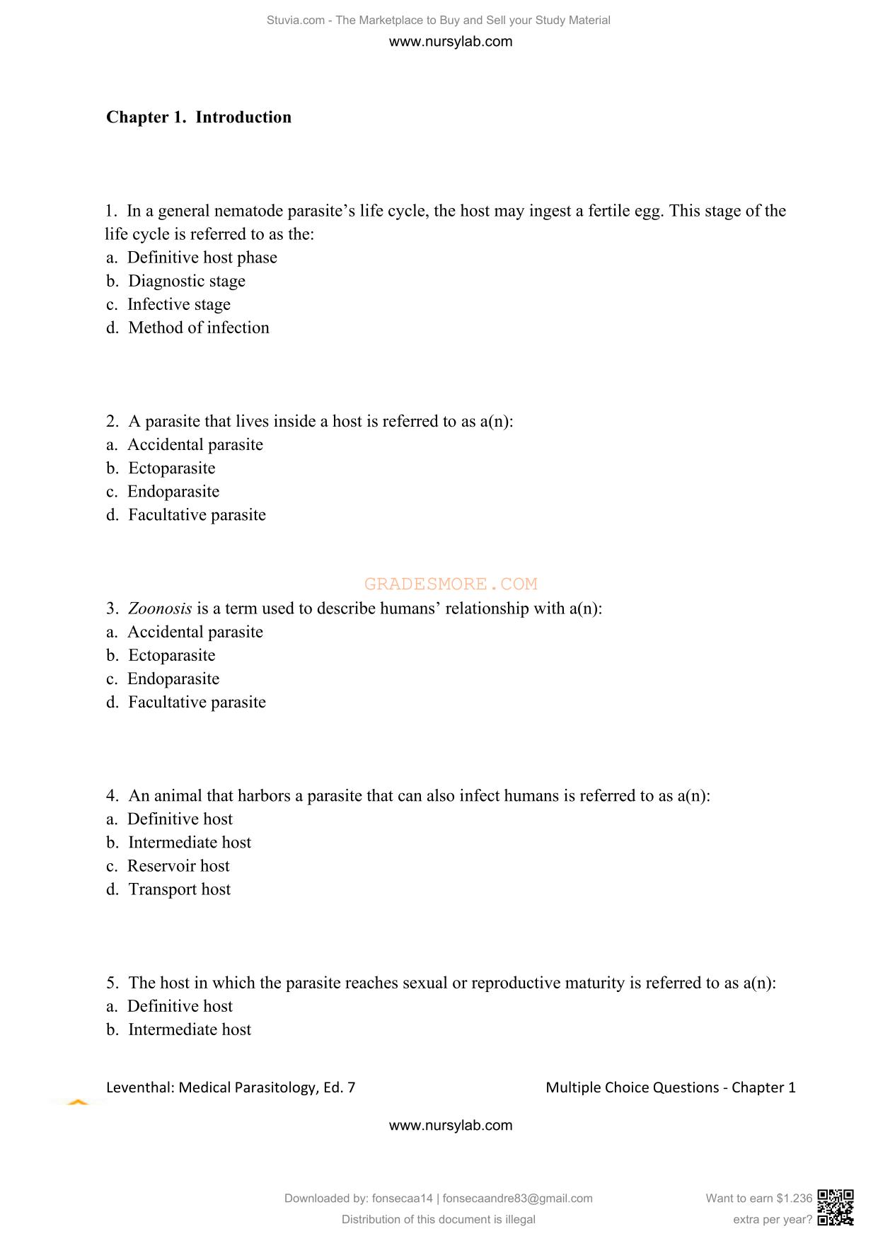TEST BANK for Medical Parasitology A Self-Instructional Text 7th Edition by Leventhal Cheadle, All Chapters ISBN: 9780803675797