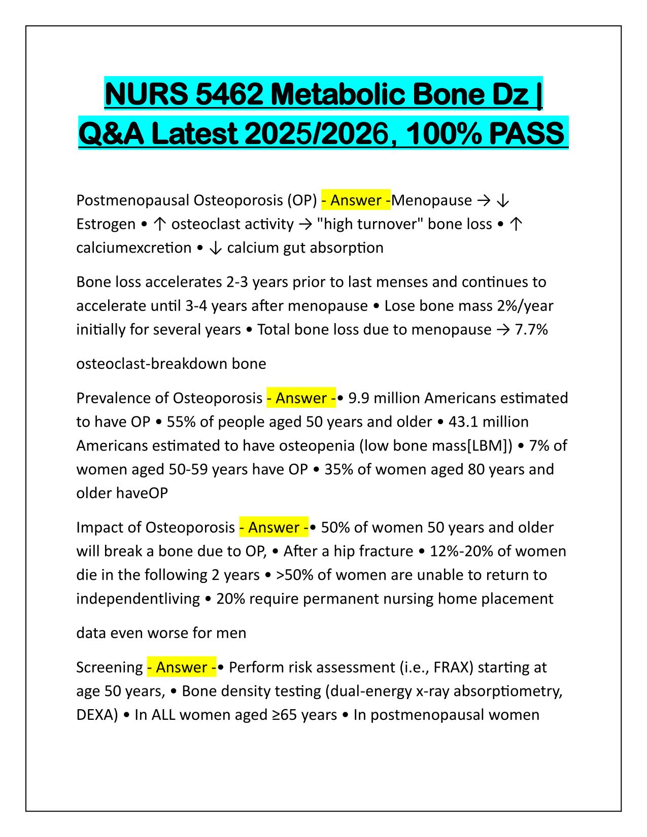 NURS 5462 Metabolic Bone Dz Correctly Answered Latest Update