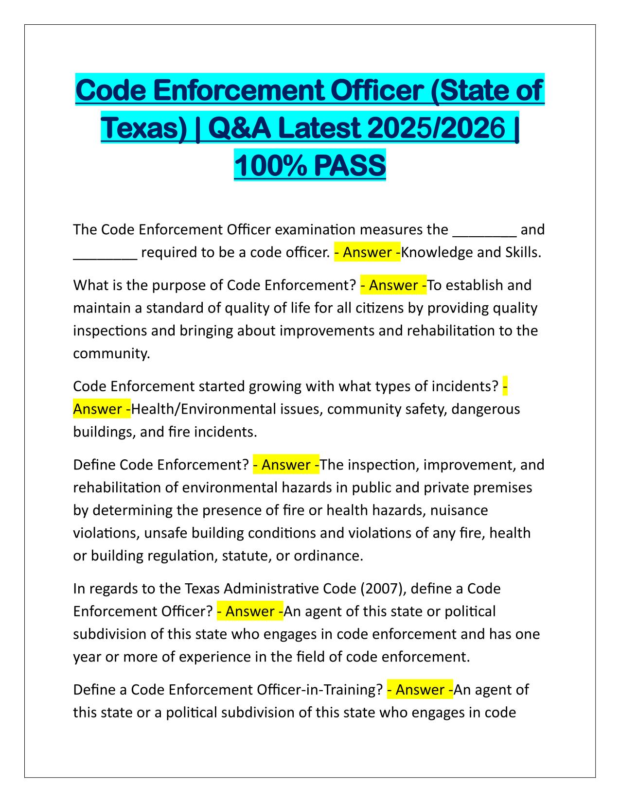 Code Enforcement Officer (State of Texas) Q&A Latest