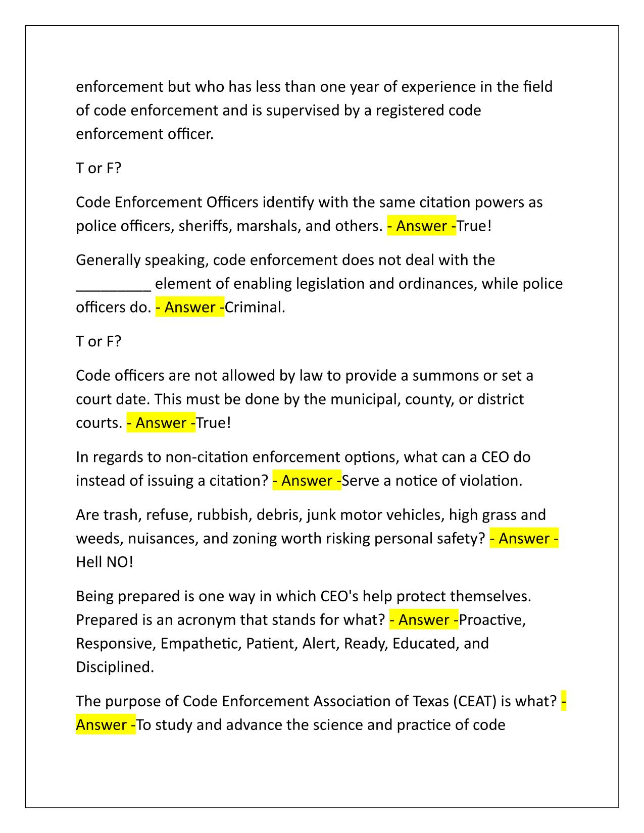 Code Enforcement Officer (State of Texas) Q&A Latest